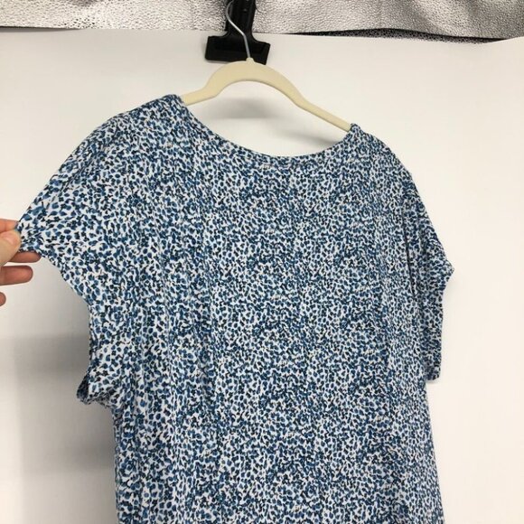 LOFT Light blue white dotted side gather short sleeve rayon midi sheath dress L - Picture 12 of 14